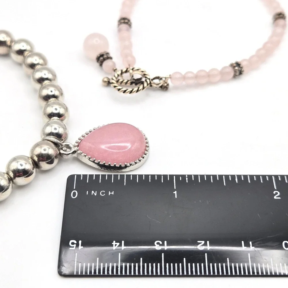 Two Beaded Bracelets Silver Tone Beads Pink Charm & Rose Quartz Toggle Closure‎